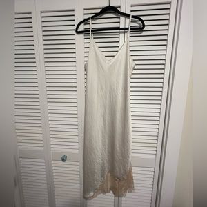 White satin Wilfred by Aritzia slip dress with gold lace